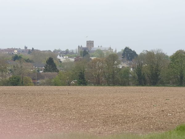 View of St Albans Cathedral across a ploughed field